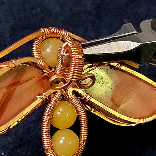 Jennifer Brooks's Rosy Maple Moth Pendant - , Contemporary Wire Jewelry, Lashing, Wire Lashing, Wire Wrapping, Wrapping, Wire Wrapping Jewelry, Bend the bail loops away from the bail post